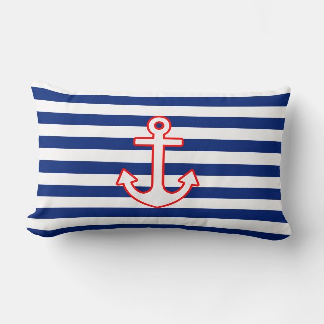 Nautical Style Anchor on Stripes Lumbar Pillow (Front)