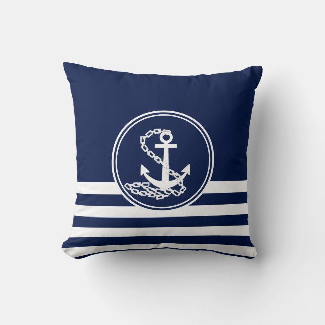 Nautical Style Blue And White, Anchor And Stripes Throw Pillow (Front)