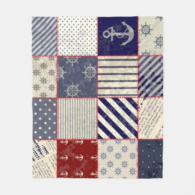 Nautical Style Grunge Patchwork Background Fleece Blanket (Front)
