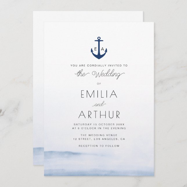 nautical style watercolor blue wedding invitation (Front/Back)