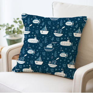 Nautical Submarine and Boat Print Throw Pillow
