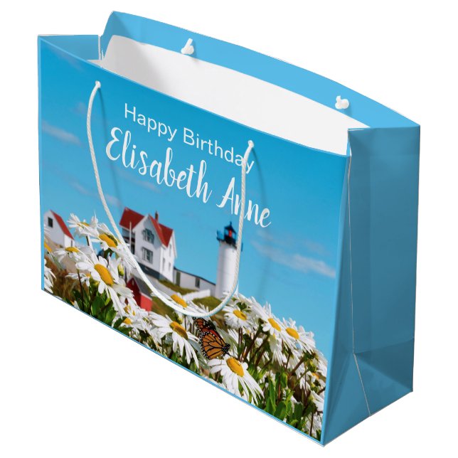 Nautical Summer Birthday Nubble Maine Lighthouse Large Gift Bag (Back Angled)