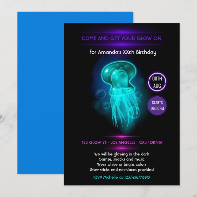 Nautical Summer Glow in the Dark Neon Party Invitation (Front/Back)