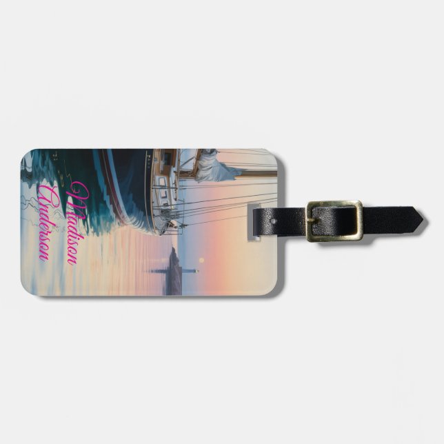 Nautical Sunset Sailboat Personalized Luggage Tag (Front Horizontal)