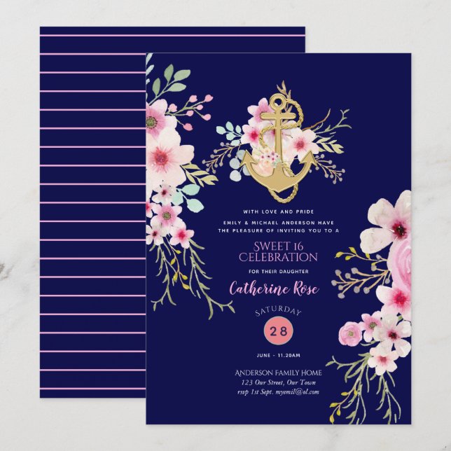 Nautical Sweet 16 Invitations Marine Blue Rose Flo (Devant / Derrière)
