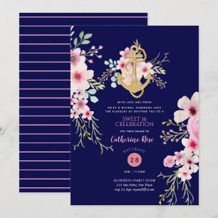 Nautical Sweet 16 Invitations Marine Blue Rose Flo