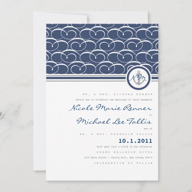 Nautical Swirls Monogram Wedding Invitation (Front)