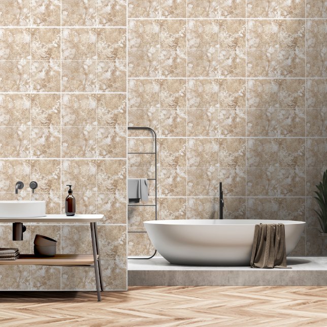 Nautical Tan Sand Coloured Lite Khaki Faux Tiles Wallpaper (Bathroom)