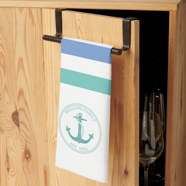 Nautical Teal Anchor Blue White Stripe Family Name Kitchen Towel (Thirds Fold)