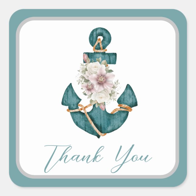 Nautical Teal Aqua Turquoise Blue Floral Anchor Square Sticker (Front)