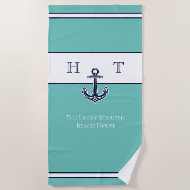 Nautical Teal Blue Anchor Coastal Monogram Name Beach Towel (Front)