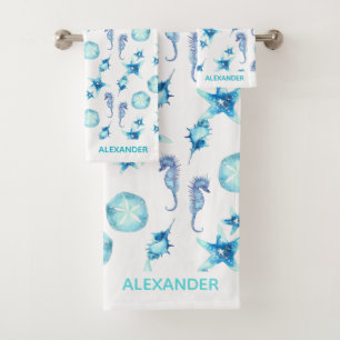 Nautical Teal Blue Coastal Sea Life  Bath Towel Set