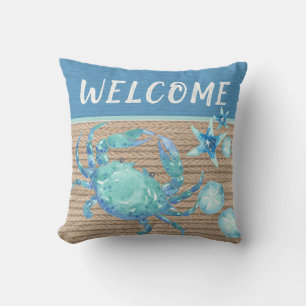 Nautical Teal Blue Crab Starfish Sand Dollar Rope Outdoor Pillow