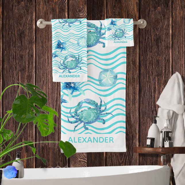 Nautical Teal Blue Manta Ray Wave Bath Towel Set (Creator Uploaded)