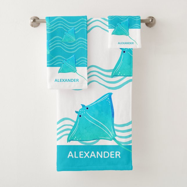 Nautical Teal Blue Manta Ray Wave Bath Towel Set (Insitu)