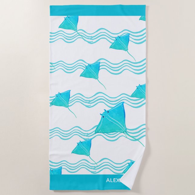 Nautical Teal Blue Manta Ray Wave Bath Towel Set (Front)