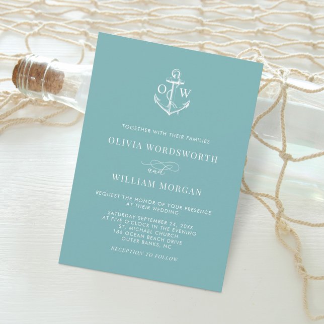 Nautical Teal Blue Monogram Anchor Wedding Invitation (Creator Uploaded)