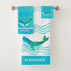 Nautical Teal Blue Whale Waves Bath Towel Set