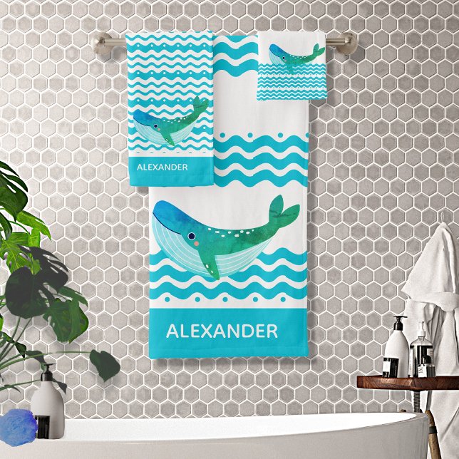 Nautical Teal Blue  Whale Waves  Bath Towel Set (Creator Uploaded)