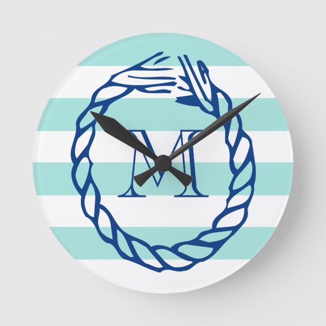 Nautical teal stripe navy blue rope monogram round clock (Front)