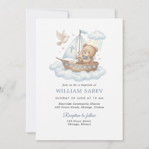 Nautical Teddy Bear Christening Blue Invitation