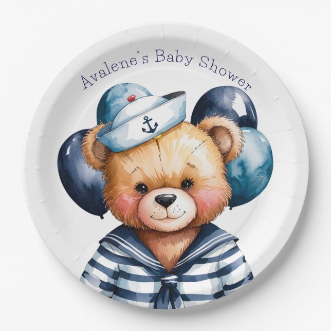 Nautical Teddy Bear Delight Boy Baby Shower Paper Plate (Front)