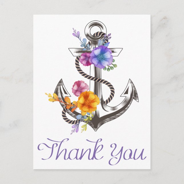 Nautical Thank You Boat Anchor Floral Postcard (Front)