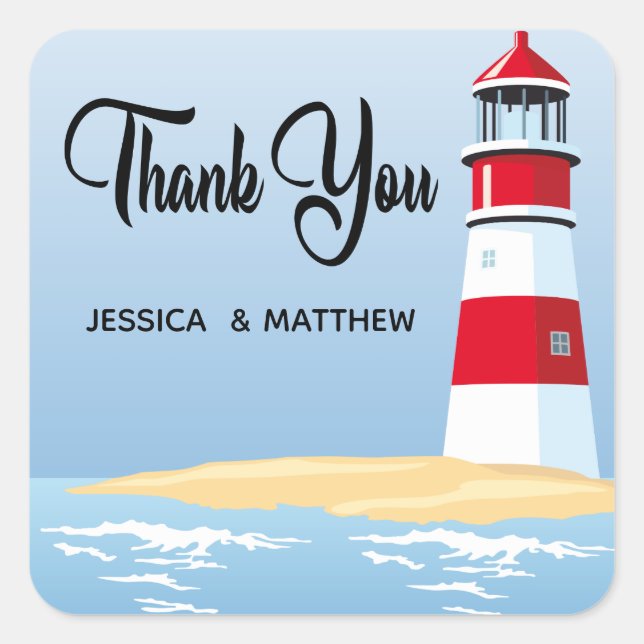 Nautical Thank You Lighthouse Beach Summer Wedding Square Sticker (Front)