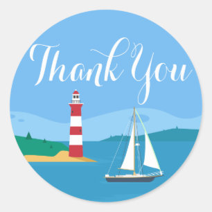 Nautical Thank You Lighthouse & Sailboat Blue Classic Round Sticker