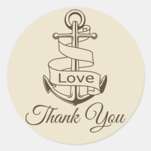 Nautical Thank You Ship Anchor Tan  Brown Wedding Classic Round Sticker