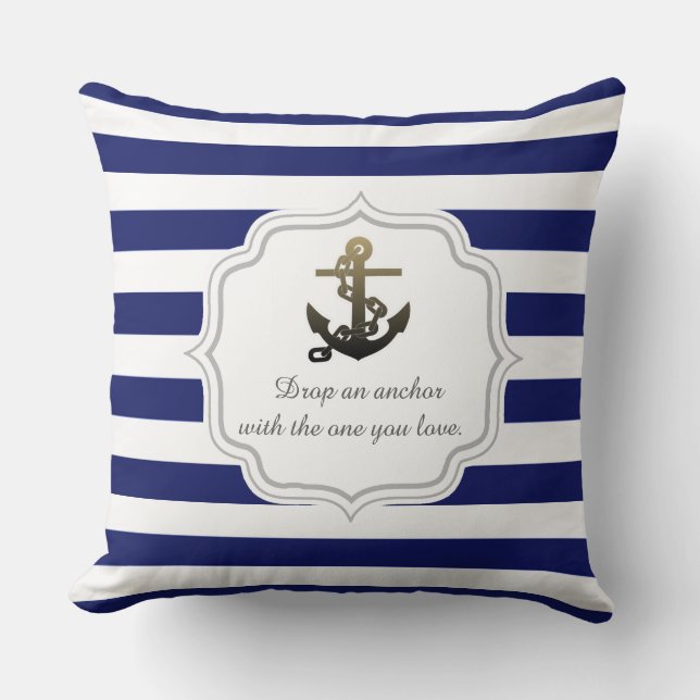 Nautical Theme Anchor On Blue Stripe Pattern Throw Pillow (Front)