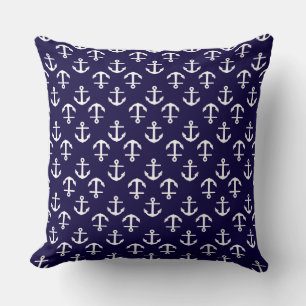 Nautical Theme Anchor Pattern Navy Blue Throw Pillow