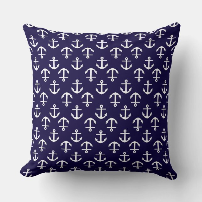 Nautical Theme Anchor Pattern Navy Blue Throw Pillow (Front)