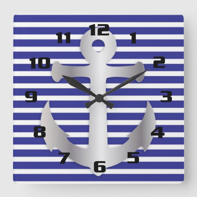 Nautical Theme Blue Stripes Pattern Anchor Square Wall Clock (Front)