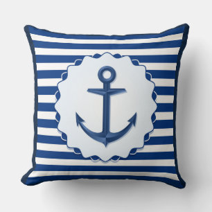 Nautical Theme Blue White Anchor Marine Stripe Throw Pillow