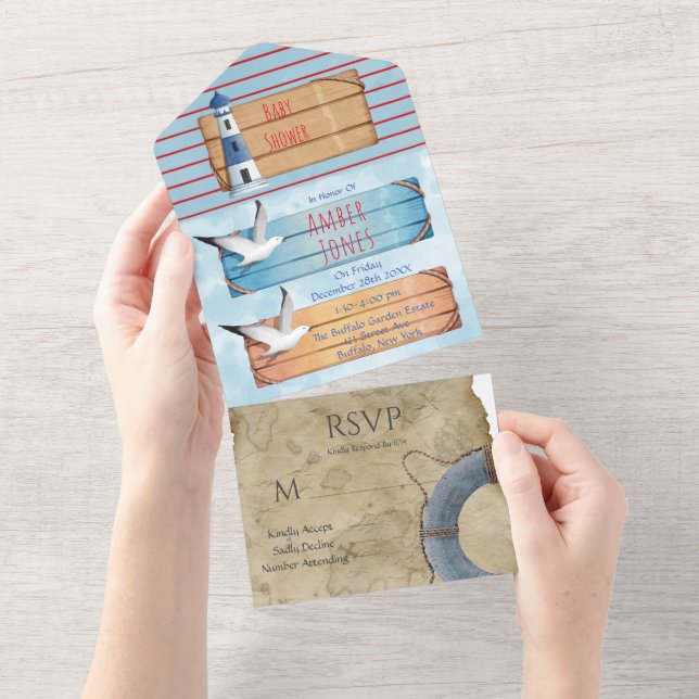 Nautical Theme Boy Baby Shower All In One Invitation (Tearaway)