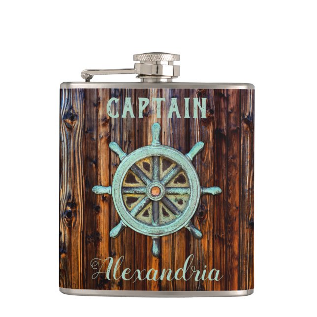 Nautical Theme Bronze Captains Wheel Small Hip Flask (Front)
