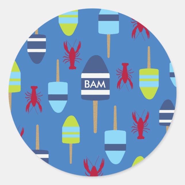 Nautical Theme Buoy and lobster monogrammed Classic Round Sticker (Front)