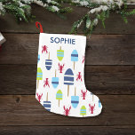 Nautical Theme Buoy and lobster monogrammed Small Christmas Stocking<br><div class="desc">Nautical blue, white and green buoys and red lobsters create a cute, fun, colourful pattern for your beach house, cottage or camp - also great for nautical themed gifts. Personalize this coastal design with your family monogram or initials. A perfect pattern for a summer house by the coast or your...</div>