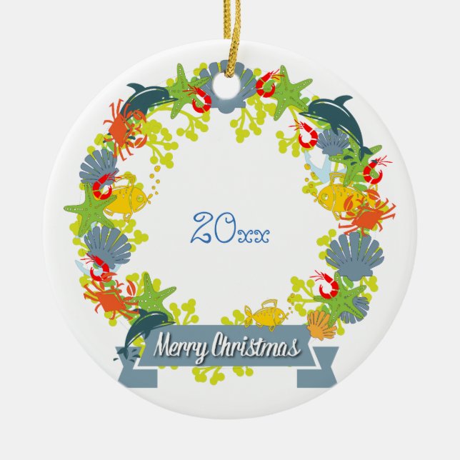Nautical Theme Christmas Wreath Ornament - Coastal (Front)