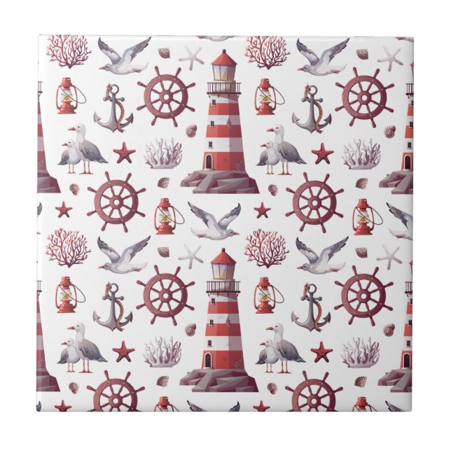 Nautical Theme - Lighthouse, Coral, Marine Life Tile (Front)