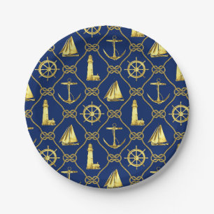 Nautical Theme Navy Blue Gold Anchor Lighthouse Paper Plate