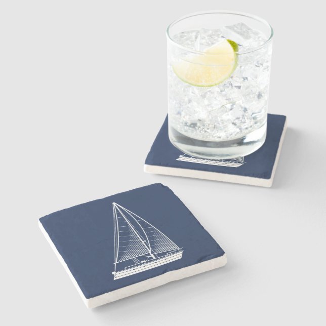 Nautical Theme Sailboat White|Navy Stone Coaster (Side)