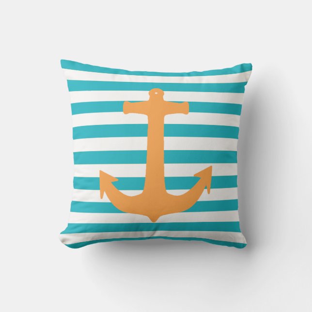 Nautical Theme Stripes and Anchor Throw Pillow (Front)