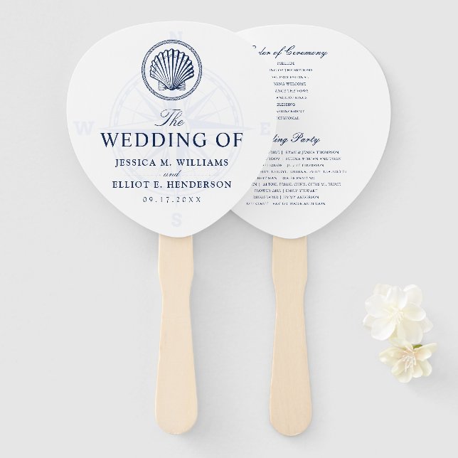 Nautical Theme Wedding Seashell Custom Navy Hand Fan (Front and Back)
