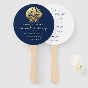 Nautical Theme Wedding Seashell Gold Navy Blue Hand Fan