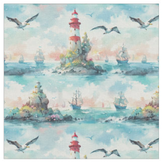Nautical theme with a lighthouse and birds fabric