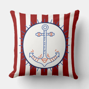 Nautical Themed Anchor Sailing Blue Red White Throw Pillow