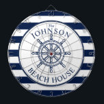 Nautical Themed Beach House Ship Wheel Dartboard<br><div class="desc">A fully customizable and fun dartboard set with a unique nautical theme. It features a ship wheel centred in the middle in a vibrant navy and white colour scheme. All elements are unlocked and adjustable if you need to make changes.  Have fun being creative and making it your own.</div>