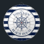 Nautical Themed Beach House Ship Wheel Dartboard<br><div class="desc">A fully customizable and fun dartboard set with a unique nautical theme. It features a ship wheel centred in the middle in a vibrant navy and white colour scheme. All elements are unlocked and adjustable if you need to make changes.  Have fun being creative and making it your own.</div>